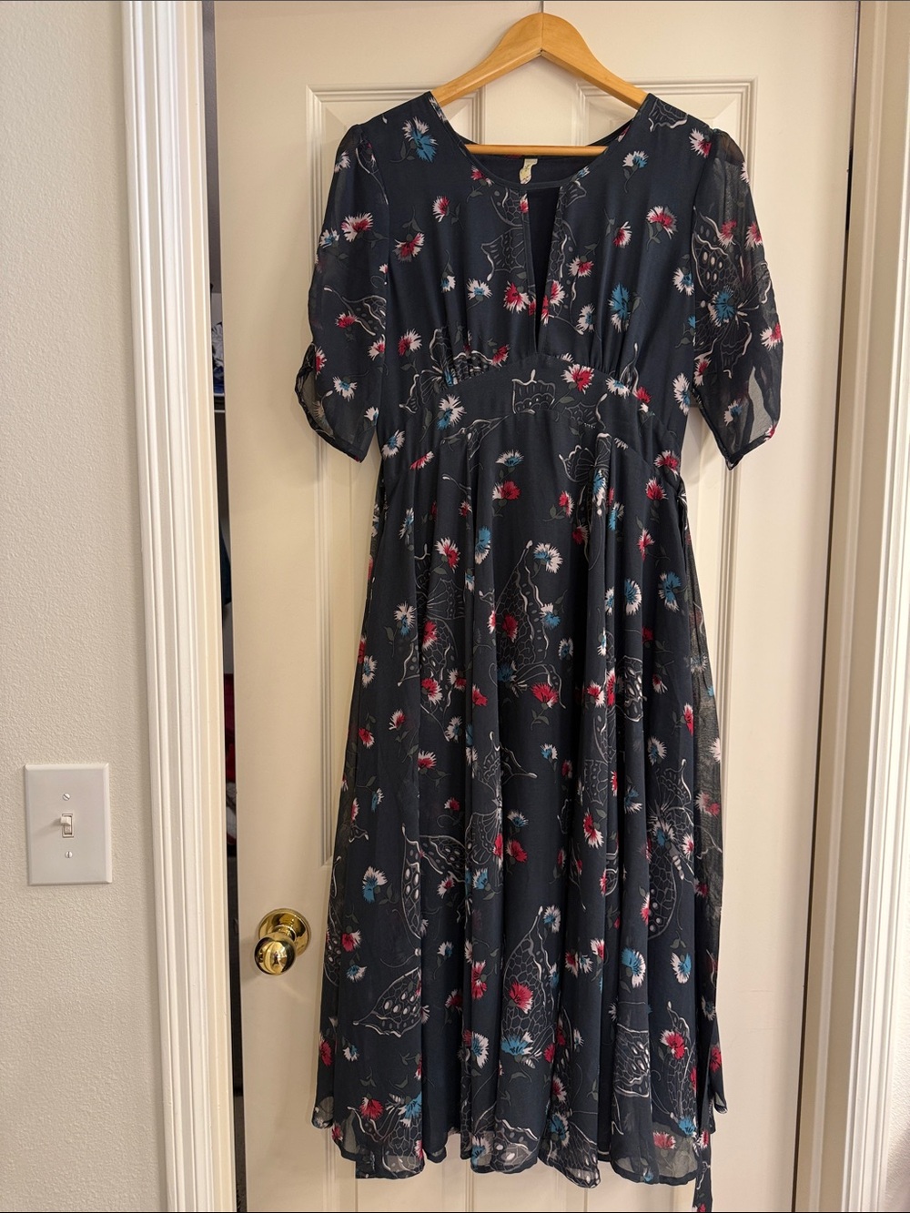Free People Black Floral Midi Dress with Red & Blue Accents